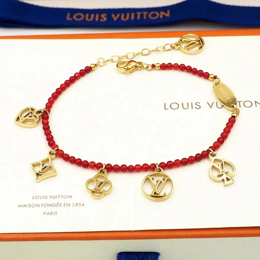 Louis Vuitton Louis Vuitton Red Bead Bracelet with Gold LV Charms Red - 1