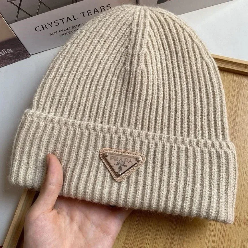 Prada Prada Triangle Logo Cream Knit Beanie Cream