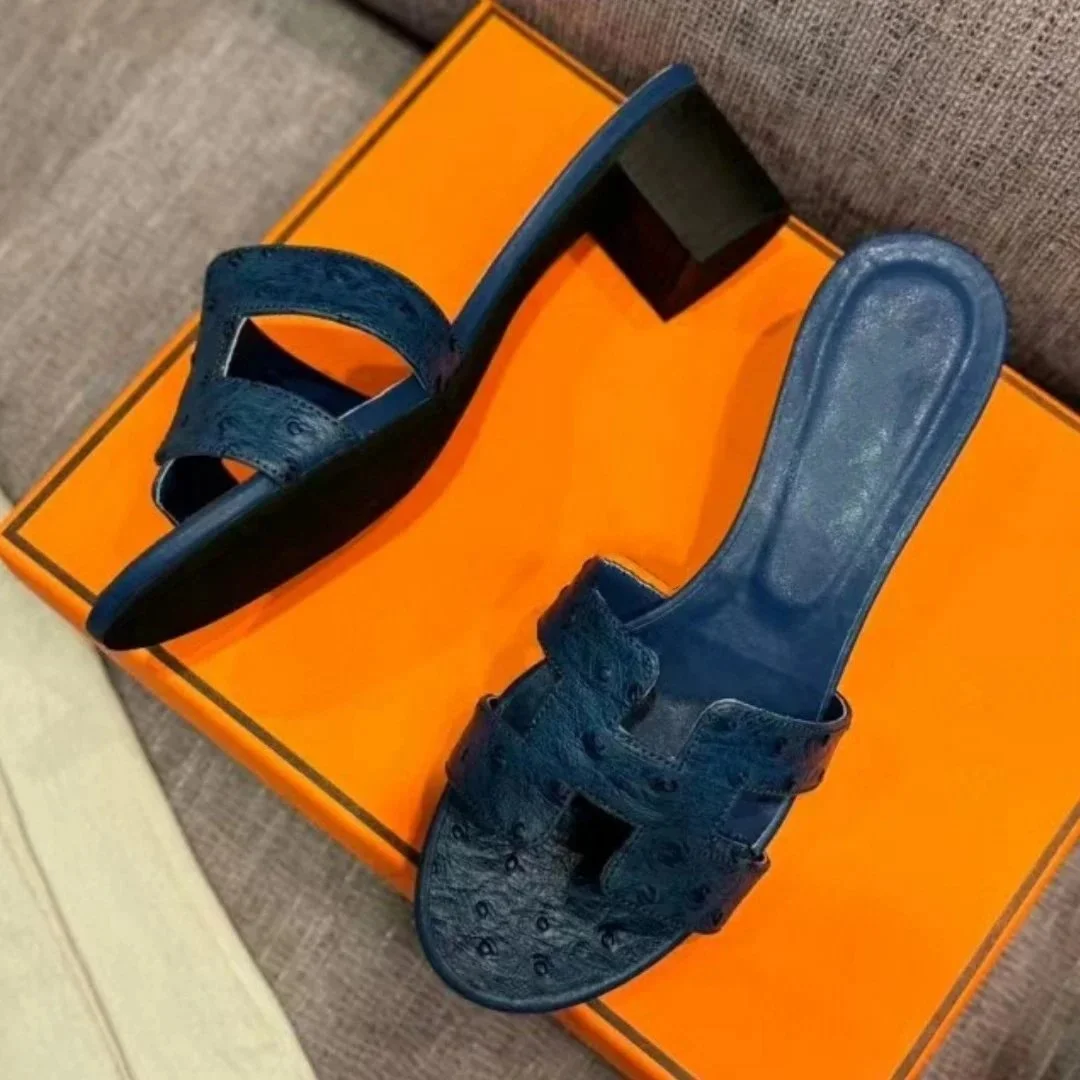 Hermès H T Navy Leather Sandals