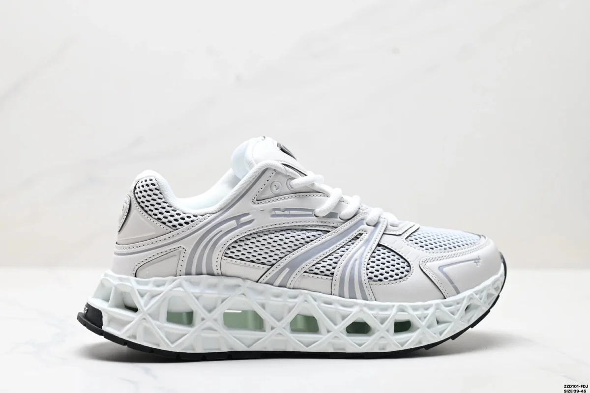 Other Unisex White & Silver Mesh Sneakers with Geometric Sole White - 1