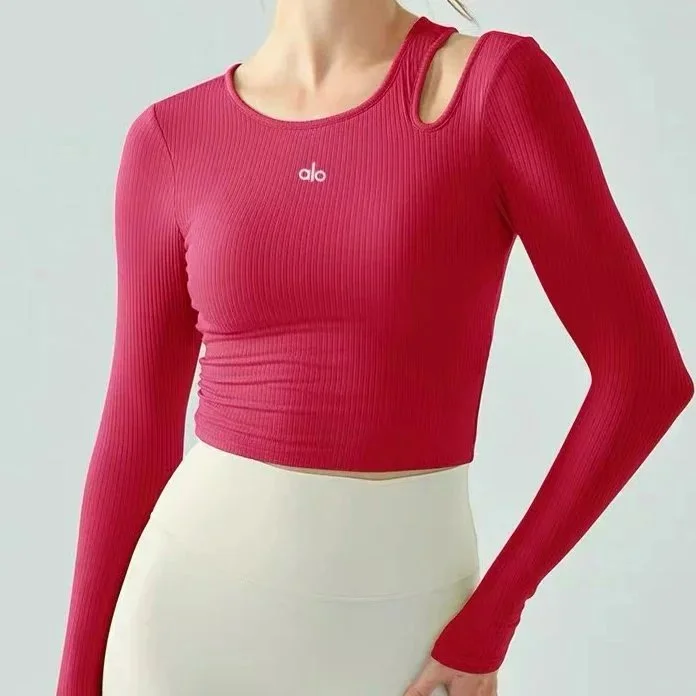 Alo Yoga Alo Woodberry Red Long Sleeve Crop Top with Padded Cups Red - 1