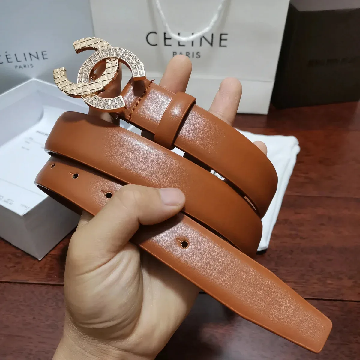 Celine Celine Classic CC Buckle Tan Leather Belt Brown - 1