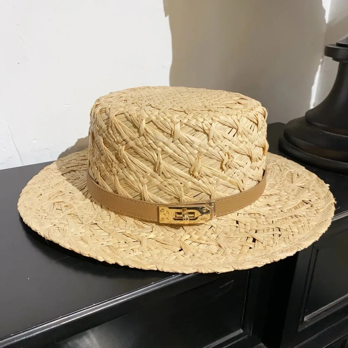 Other Straw Hat with Leather Band Beige Headwear Beige - 1