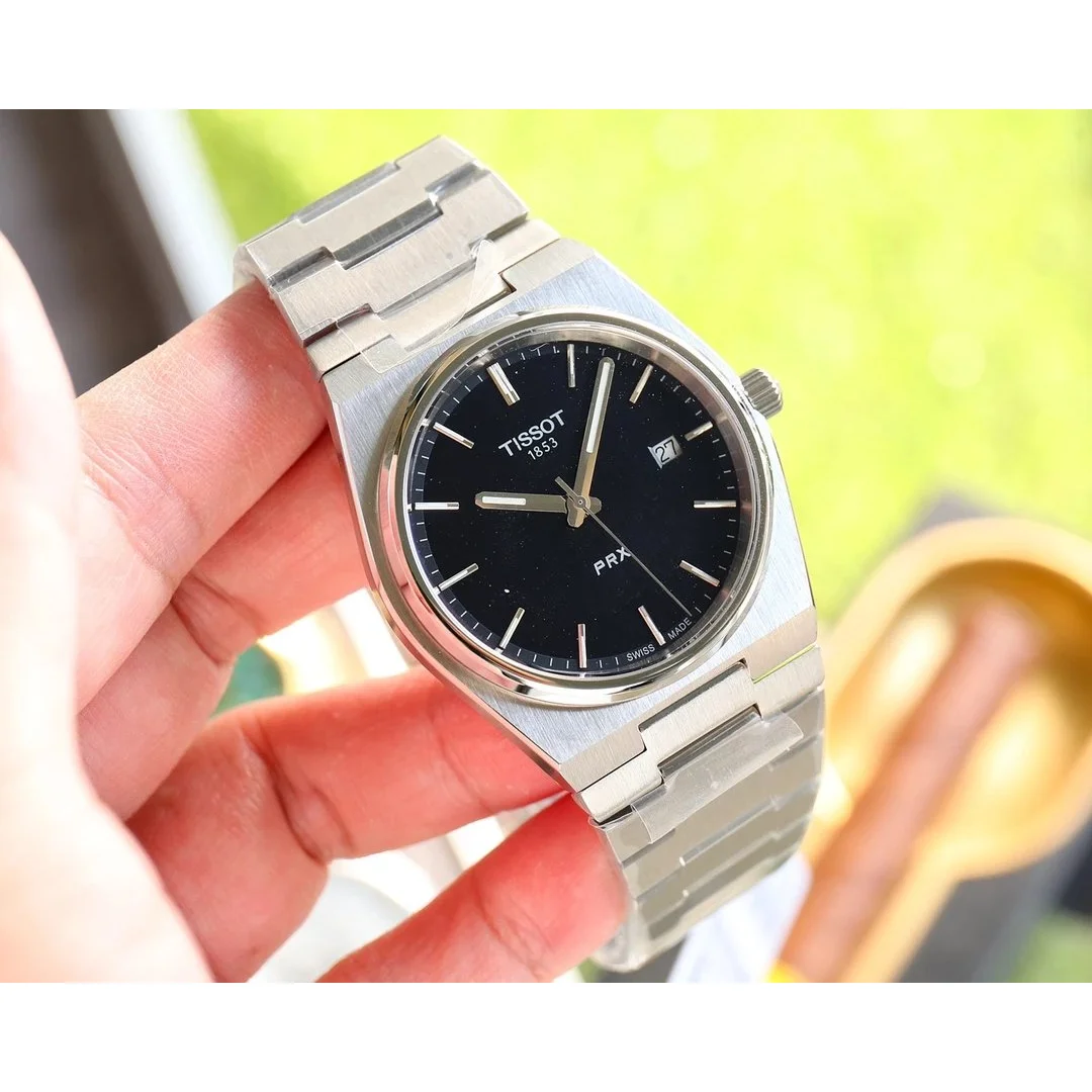 Tissot Tissot PRX Silver Case Black Dial Steel Strap Watch Silver - 1