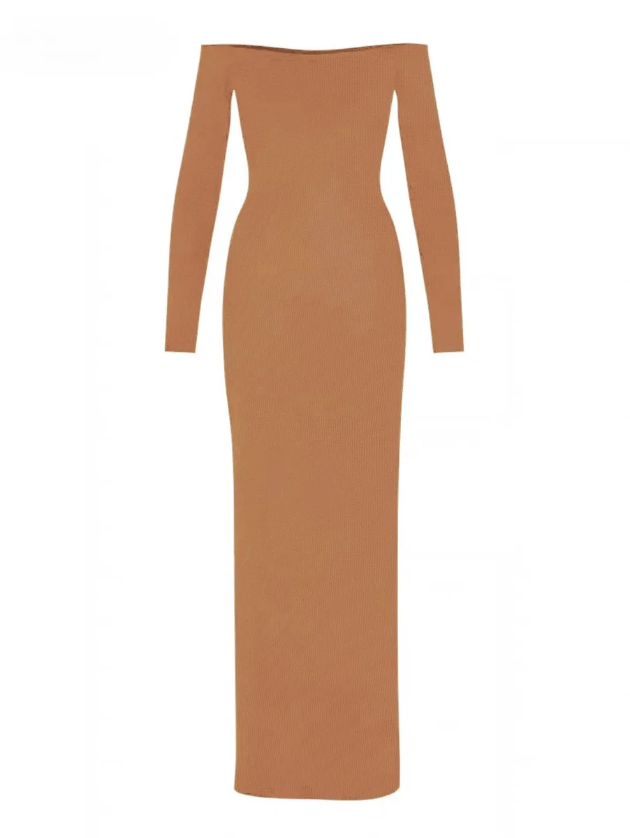 Other Off-the-Shoulder Ribbed Maxi Dress Camel Beige - 1