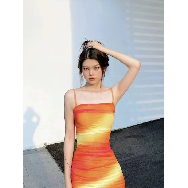 Other Unisex Gradient Orange Spaghetti Strap Dress Orange