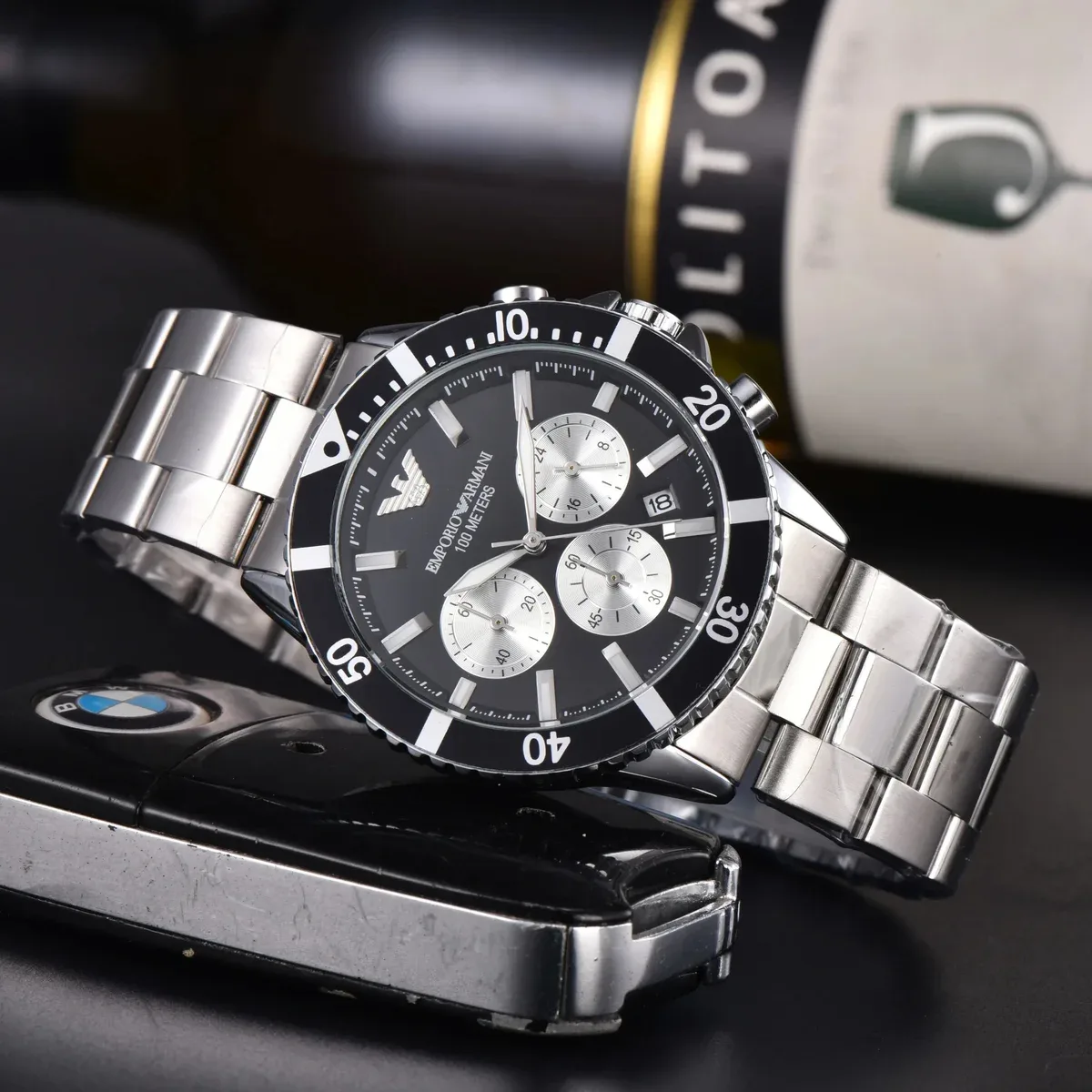 Armani Emporio Armani Chronograph Stainless Steel Watch Black Silver Men Black - 1