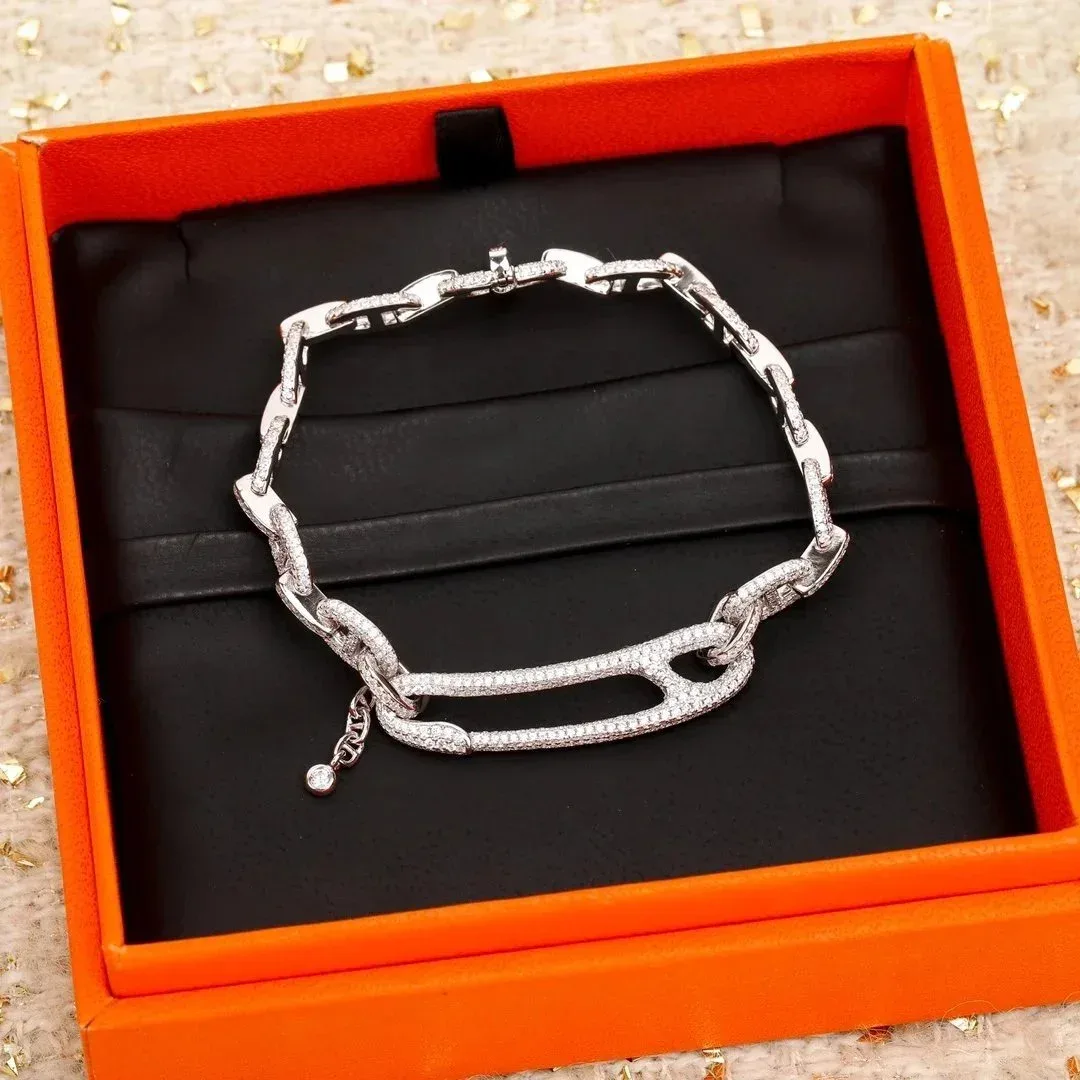 Hermès Hermès H Diamond-Encrusted Chain Bracelet Silver