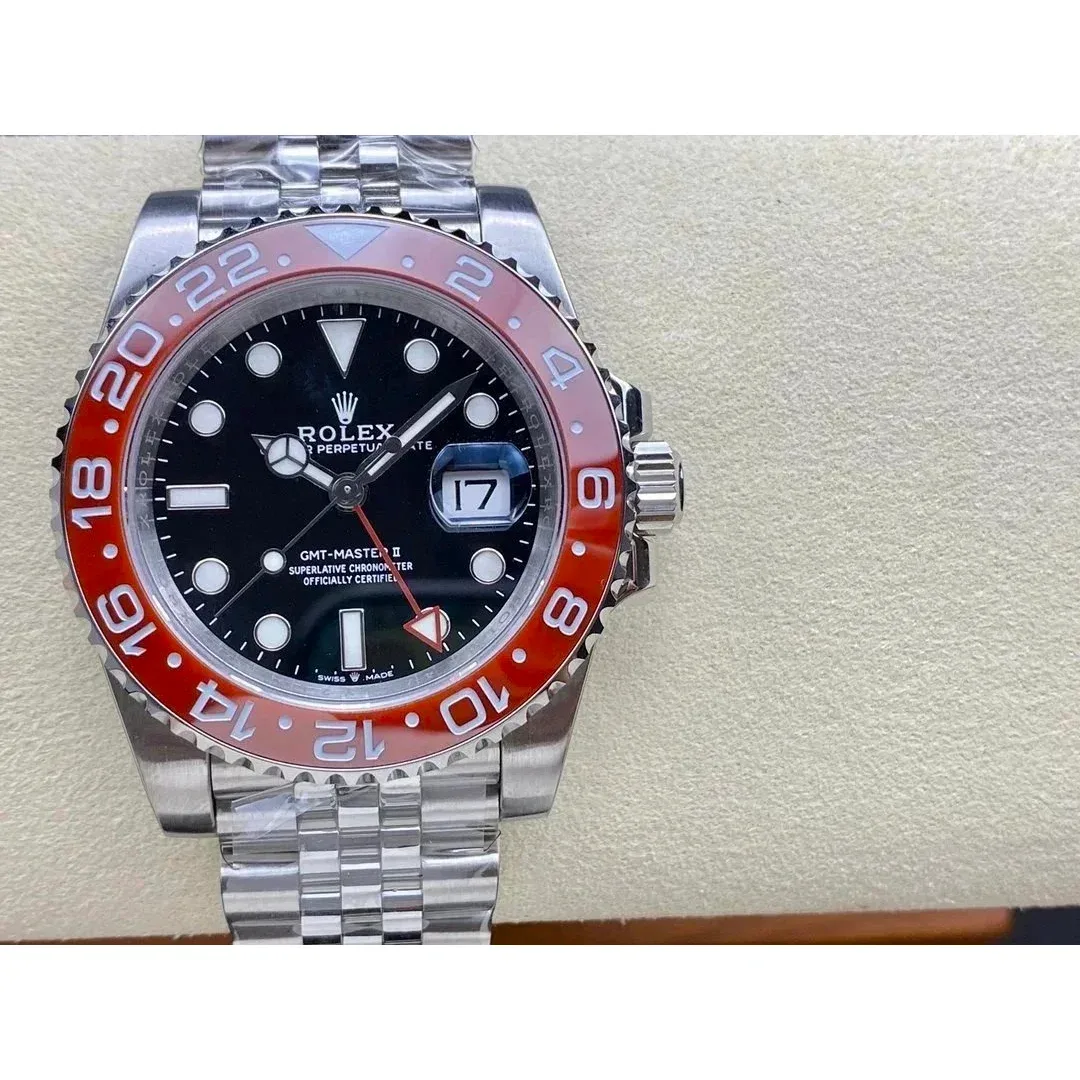 Rolex Rolex GMT-Master II Silver Case Black Dial Red Bezel Men's Watch Silver
