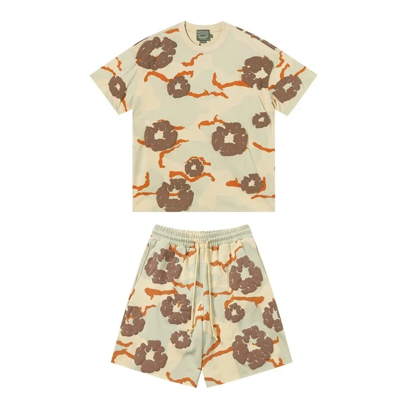Other Unisex Camo Print T-Shirt & Shorts Set Beige - 1