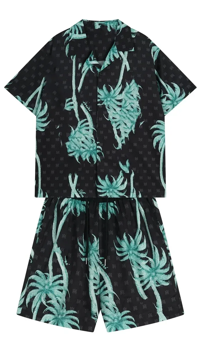 Other Unisex Palm Print Shorts Set in Black/Teal Black - 1