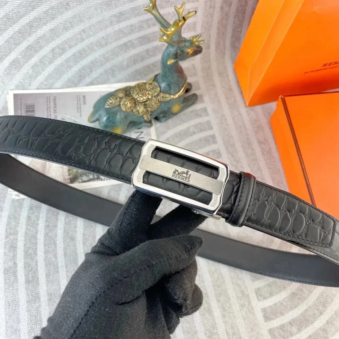 Hermès Hermès H Black Crocodile-Embossed Leather Belt Black