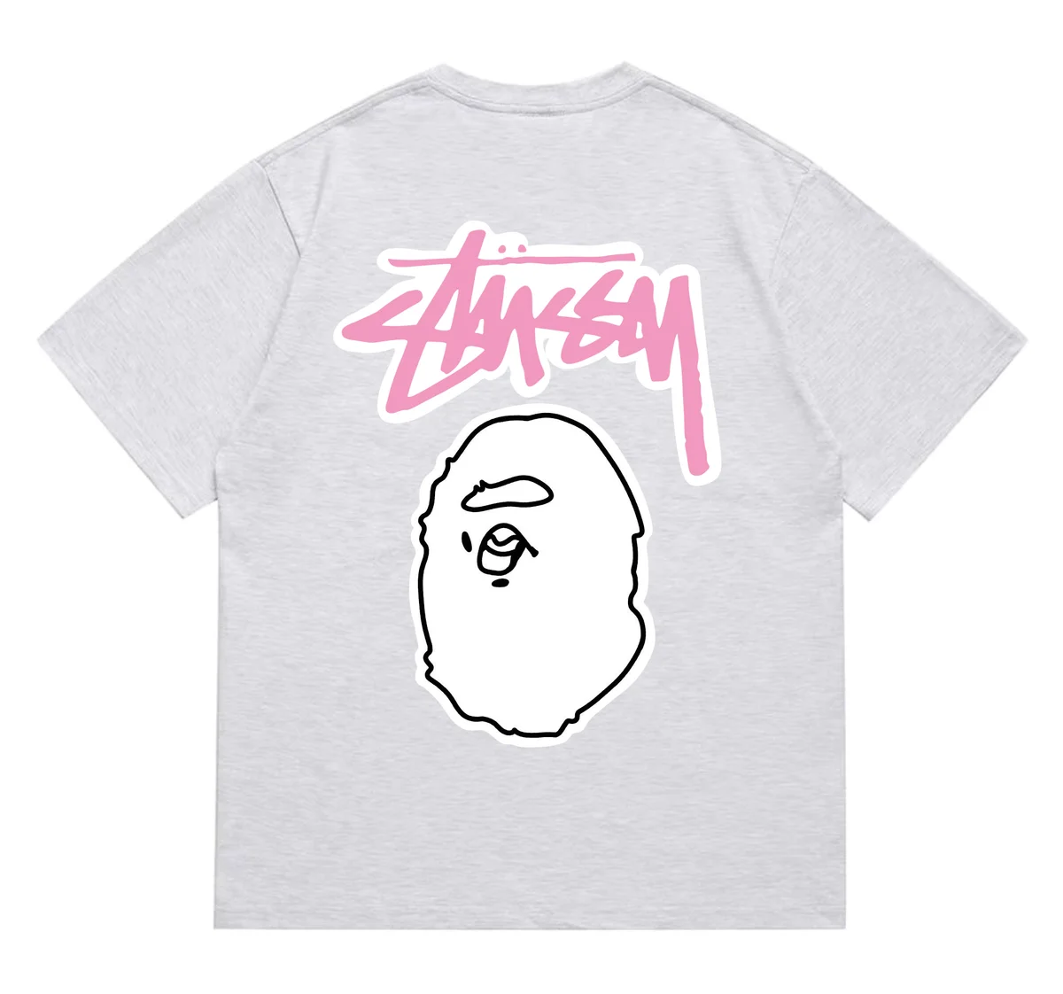 Stussy Stussy x BAPE Basic Logo Grey/Pink T-Shirt Grey