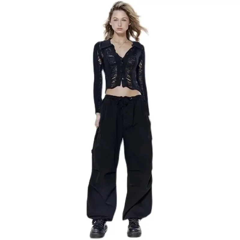Other Black Lace Top & Wide Leg Pants Set Black - 1