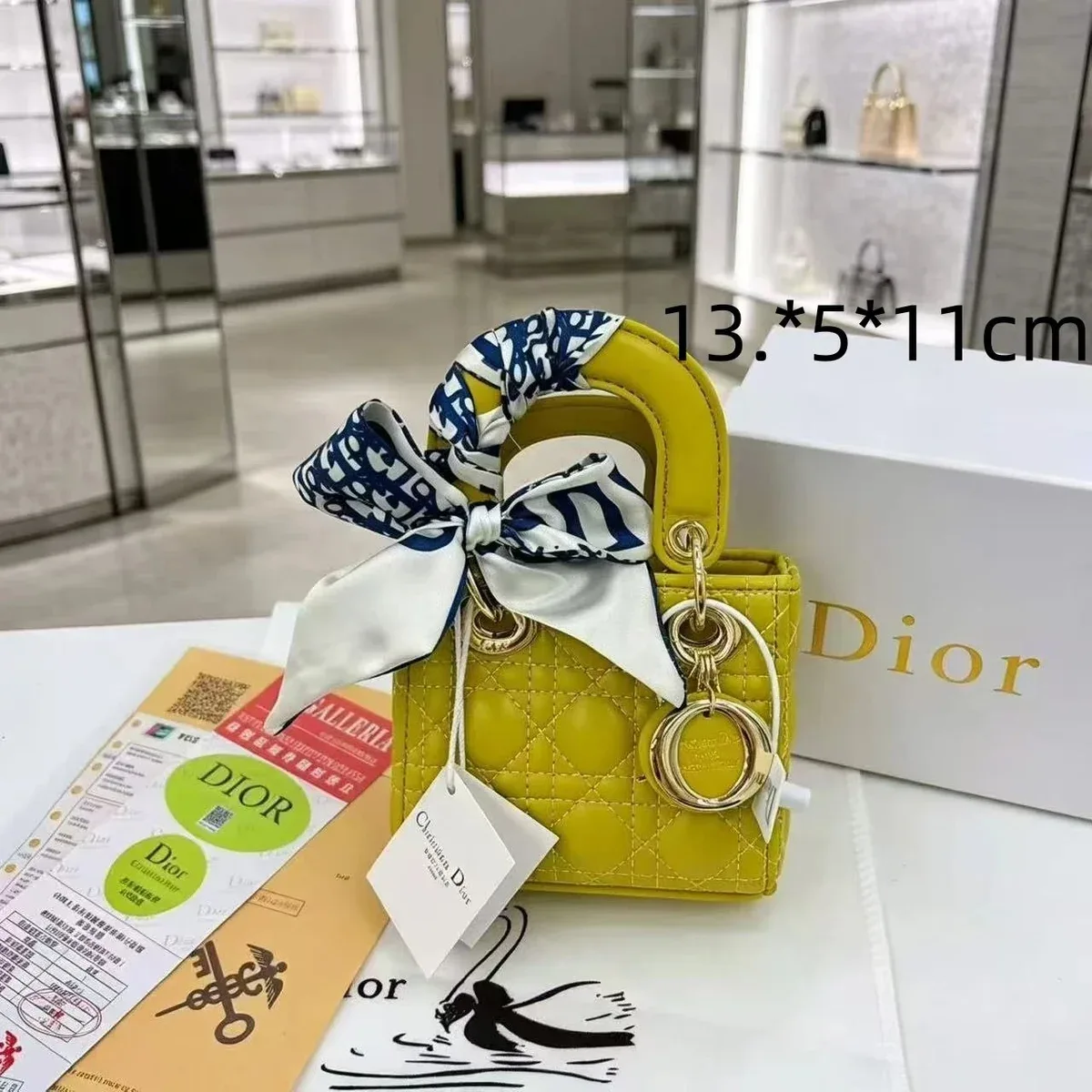 Dior Dior Lady Dior Yellow Mini Bag with Blue & White Scarf Yellow - 1