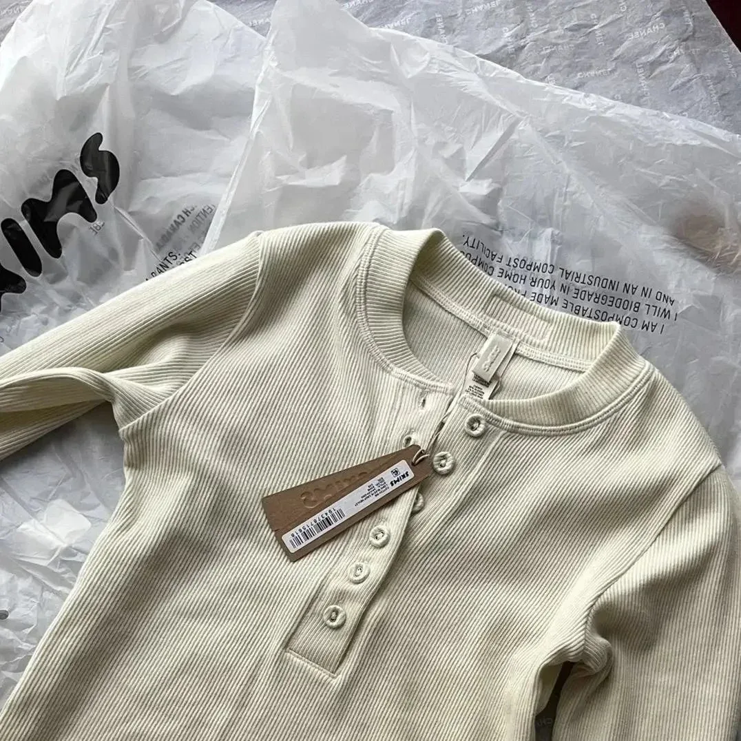 Other Unisex Cream Ribbed Henley Top Cream - 1