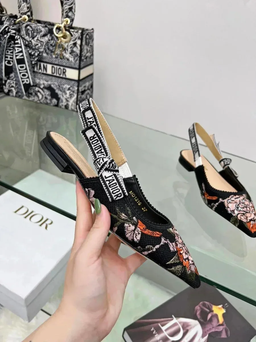 Dior Dior Lady Dior Floral Embroidered Slingbacks Black Black - 1