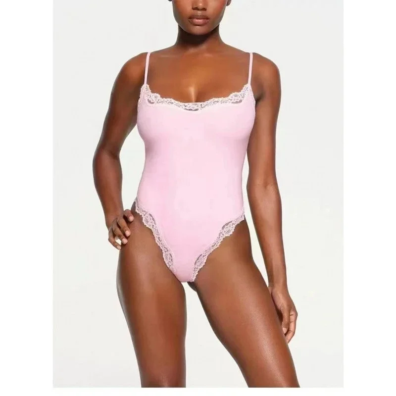 Other Pink Lace Trim One-piece Swimsuit Pink - 1