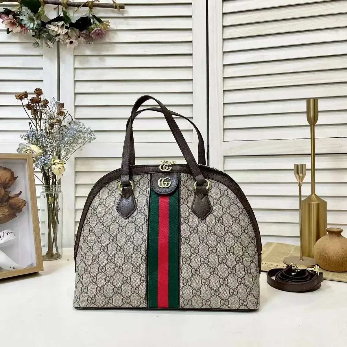 Gucci Gucci GG Supreme Web Stripe Dome Bag Beige/Green/Red Beige - 1