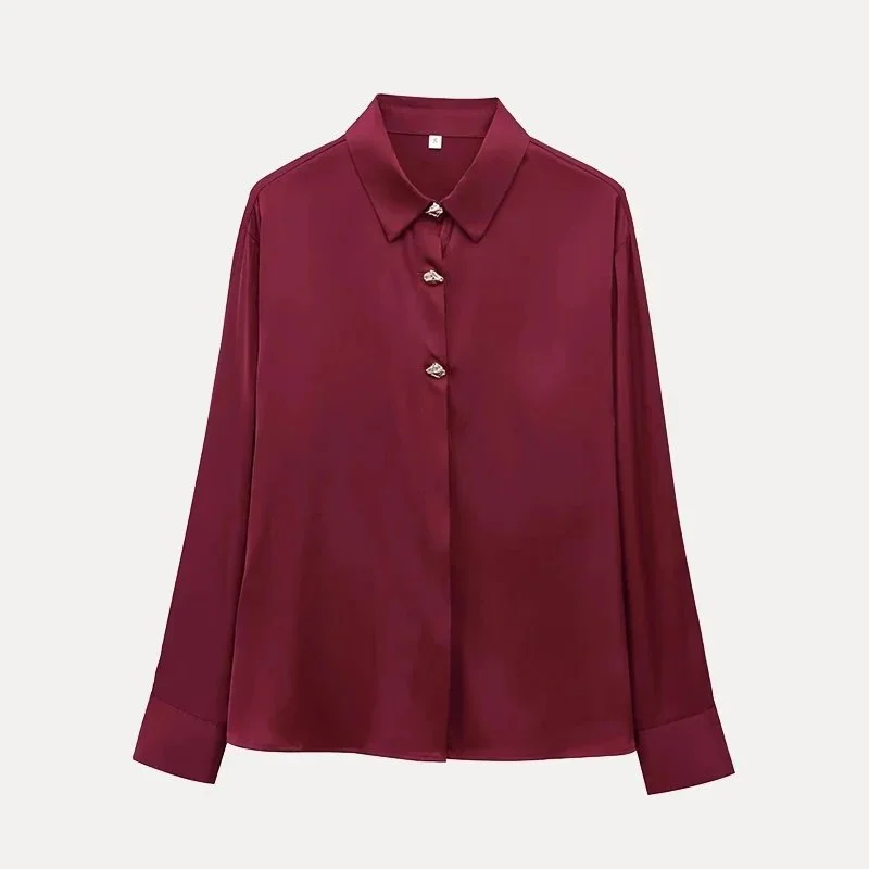 Other Burgundy Silk Button-Up Shirt Red - 1