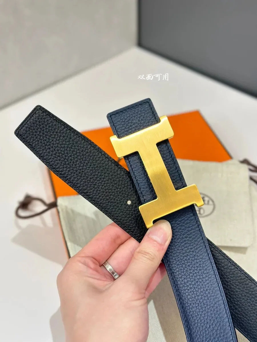 Hermès Hermès H Belt Navy Blue with Black/Rafted Gold Buckle (Double-sided) Blue