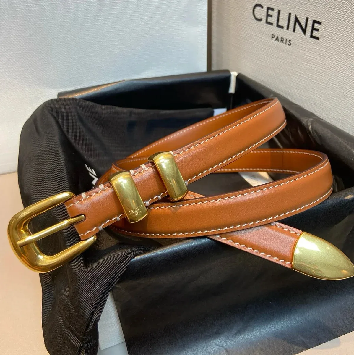 Celine Celine Tan Leather Belt with Gold Buckle Brown - 1