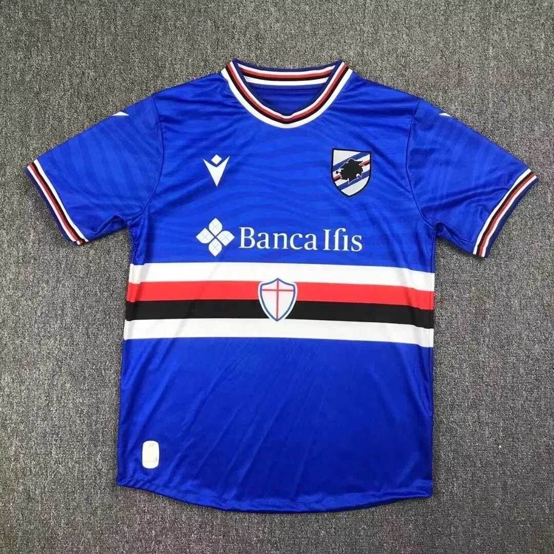 Macron Macron Blue/Red/White/Black Striped Soccer Jersey Blue - 1