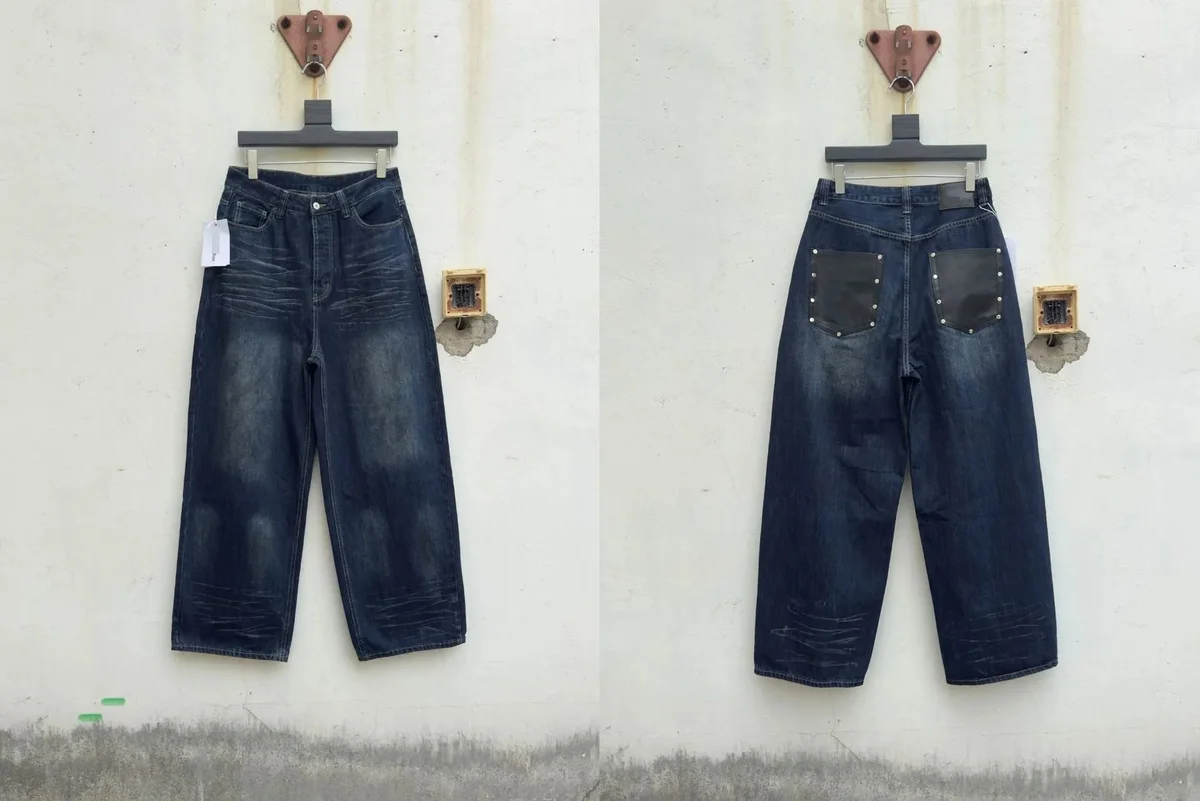 Other AC19 Dark Blue Denim Jeans with Black Leather Stud Pockets Navy - 1