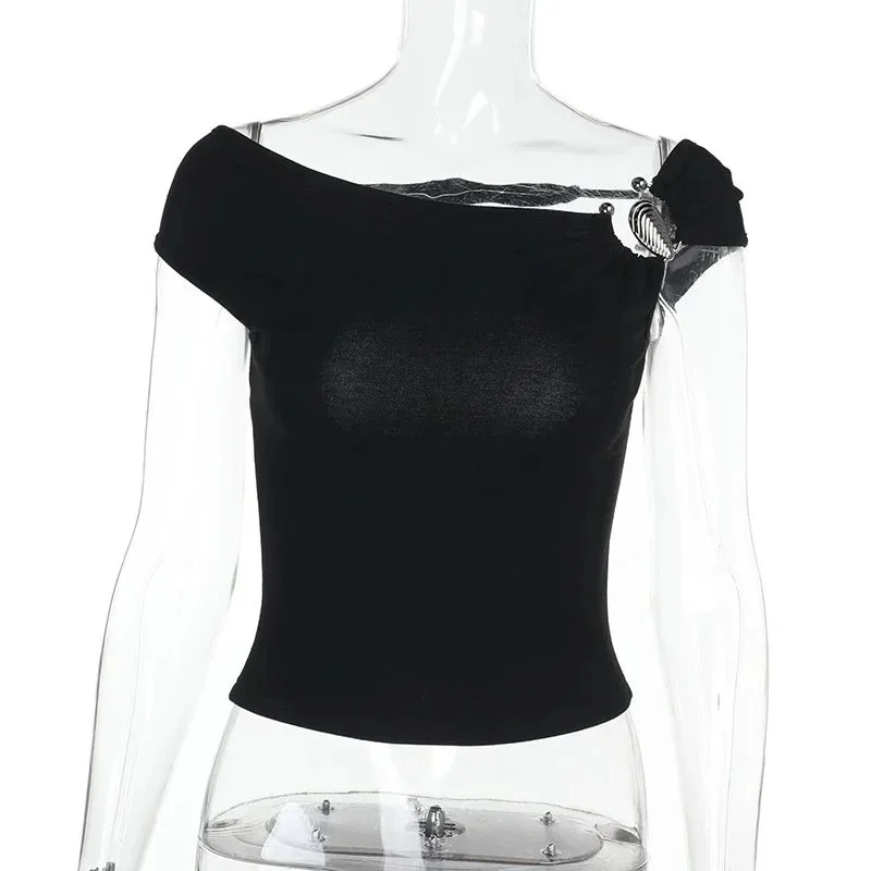 Other Black Off-Shoulder Crop Top with Metal Detail Black - 1