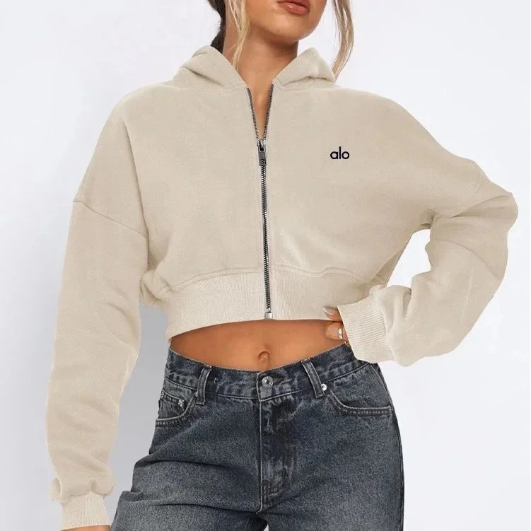 Alo Yoga Alo Cropped Zip-Up Hoodie杏色 Beige - 1