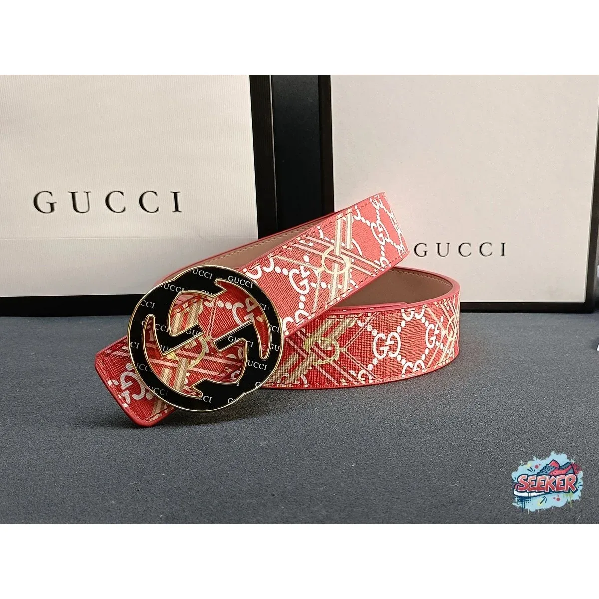 Gucci Gucci GG Monogram Belt Red Leather Belt Red - 1
