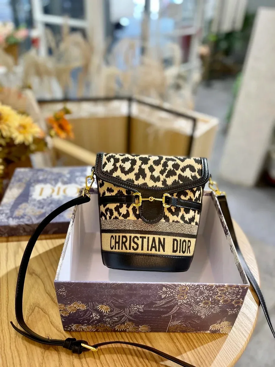 Dior Christian Dior Lady Dior Leopard Print Bucket Bag Beige - 1