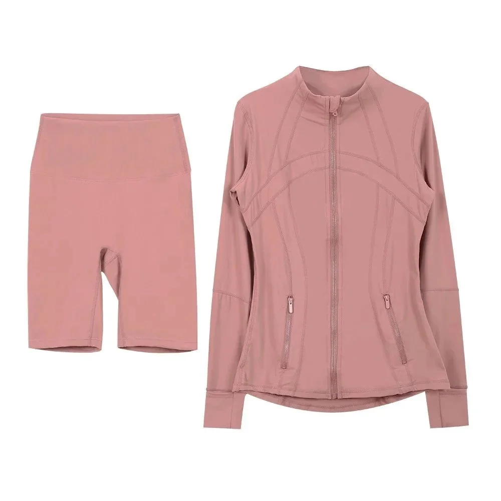 Other Pink Solid Co-ord Set with Zipper Jacket and Biker Shorts Pink - 1