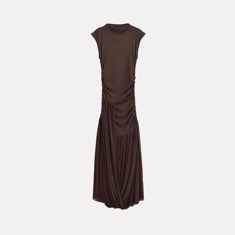 Other Deep Brown Ruched Midi Dress Brown - 1