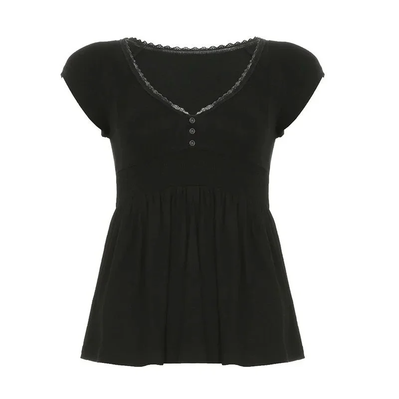 Other Black Lace Trim V-neck Top Casual Black - 1