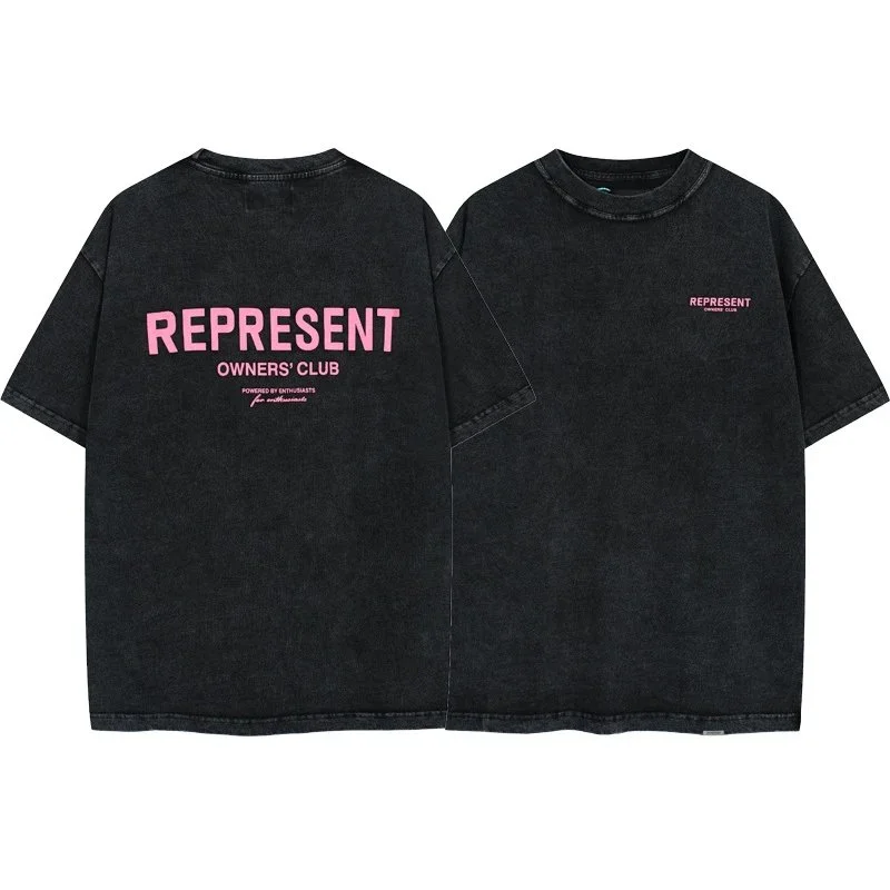 Represent Represent Owners Club Black T-Shirt with Pink Distressed Lettering Black