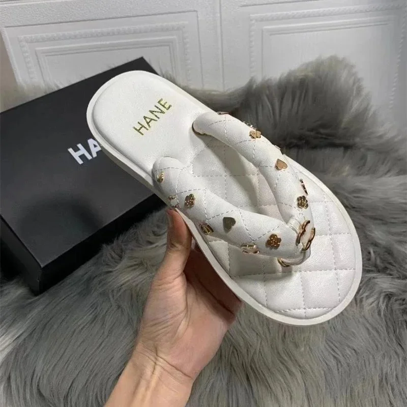 Other White Quilted Heart Embellished Flip Flops White - 1