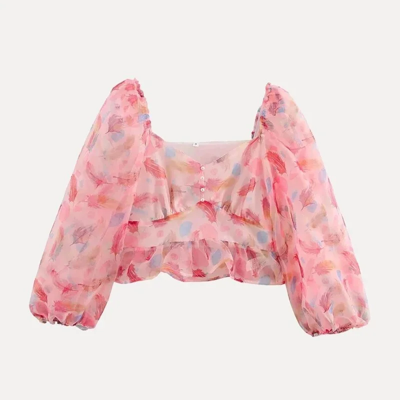 Other Pink Feather Print Crop Top Pink - 1