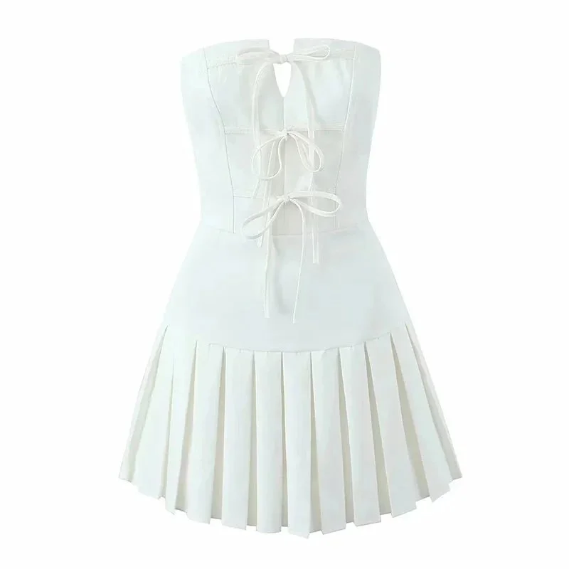 Other White Pleated Mini Dress with Tie Detail White - 1