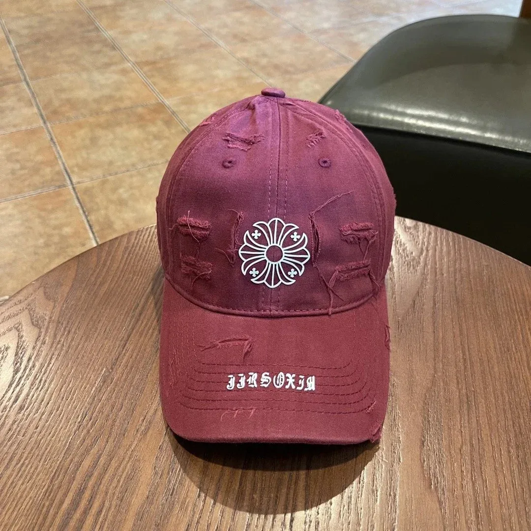 Other Unisex Distressed Wine Red Cap with Floral Embroidery Red - 1