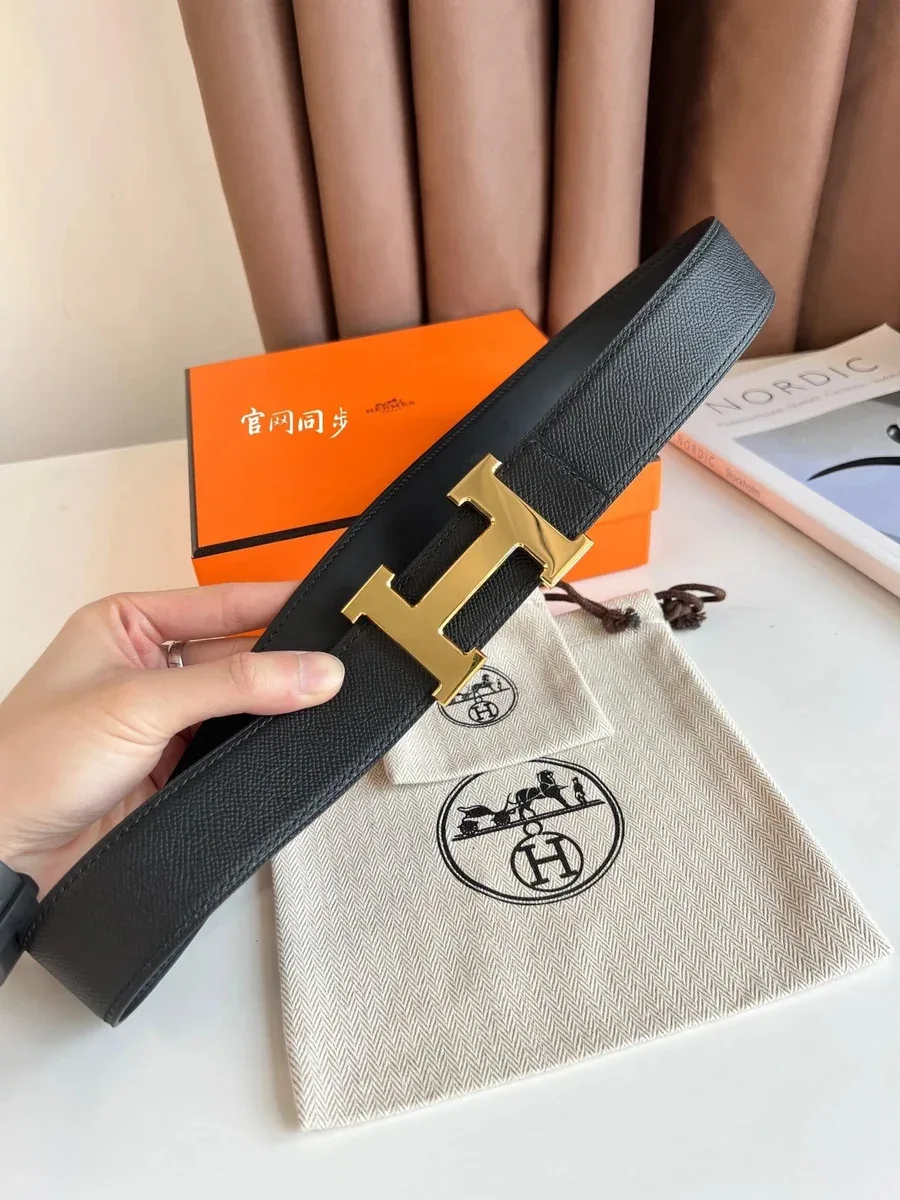 Hermès Hermès H Belt Black Leather Gold Buckle Palm Print Black