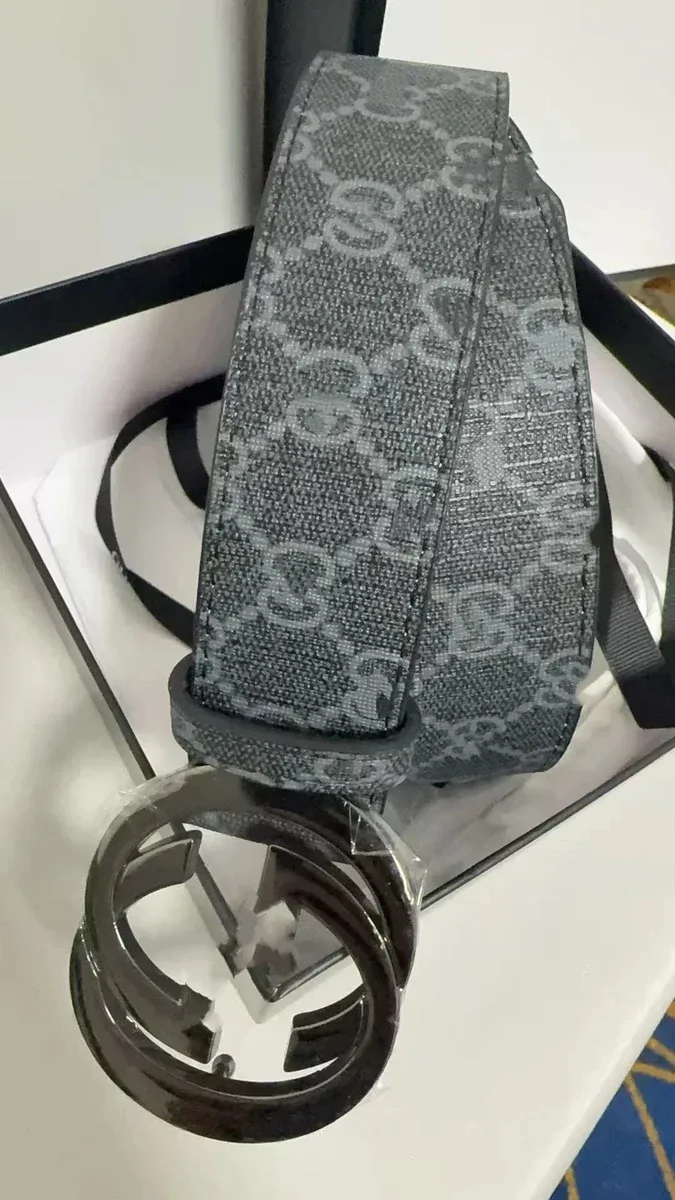 Gucci Gucci Interlocking G Black Monogram Gunmetal Buckle Belt Black