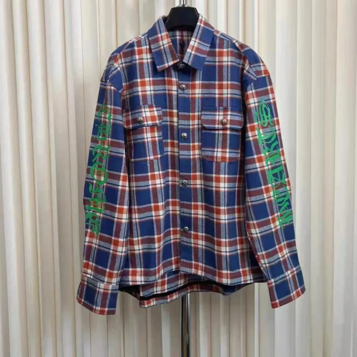 Other Blue & Red Plaid Shirt with Green Sleeve Lettering Blue - 1