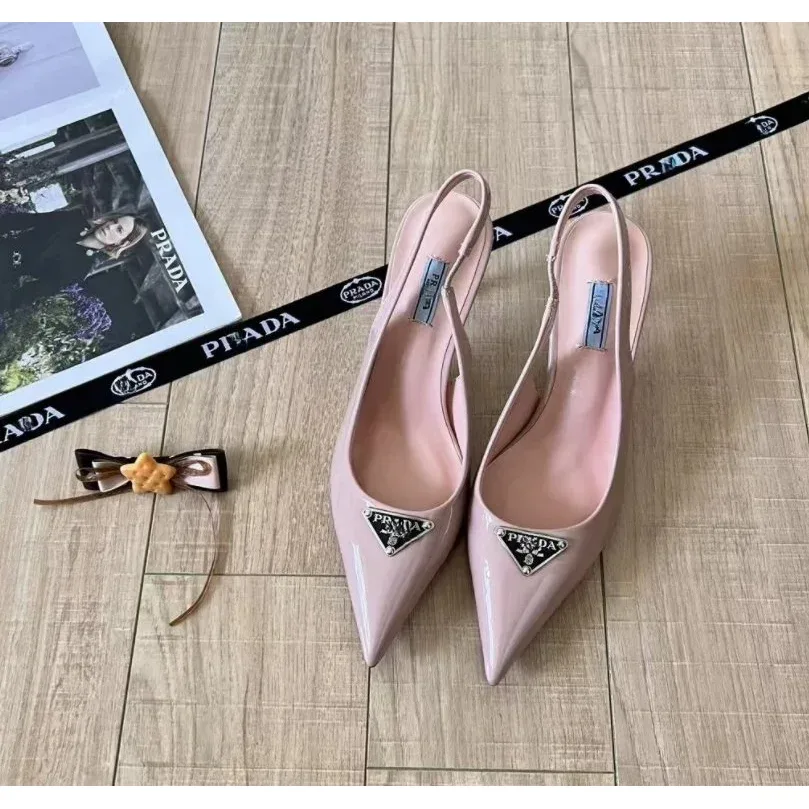 Prada Prada Triangle Logo Pink Patent Slingback Heels Pink