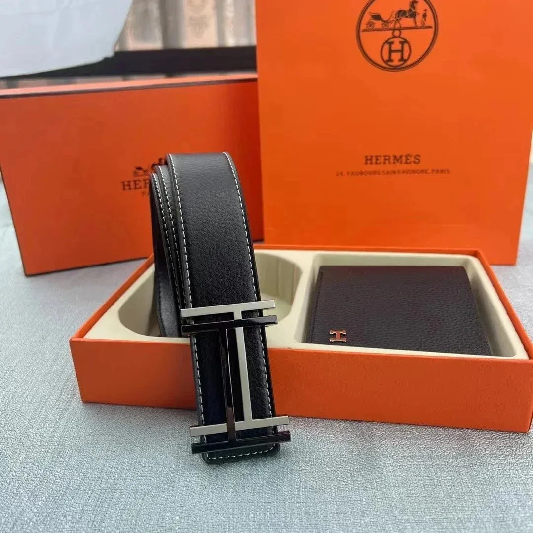Hermès Hermès H-Buckle Belt Black/White Stitch Black
