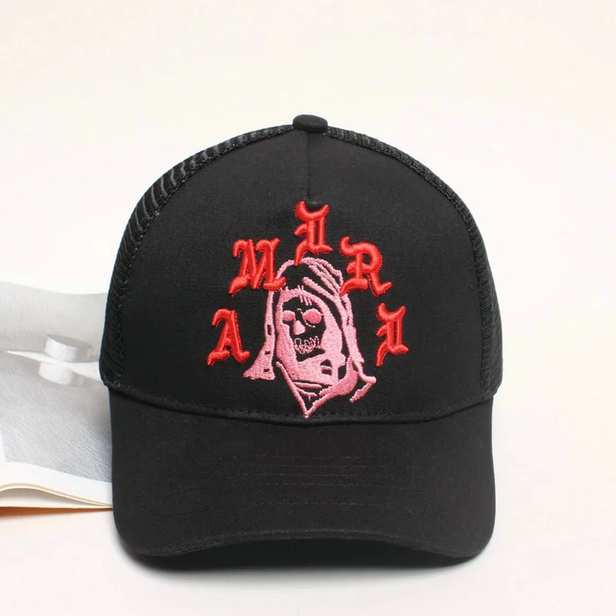 Amiri Amiri Skull Embroidered Trucker Cap Black/Pink Headwear Black - 1
