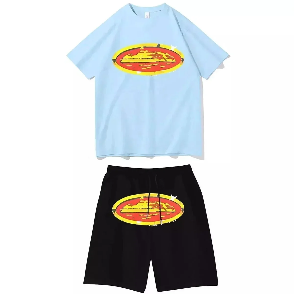 Other Unisex Light Blue & Black Printed T-Shirt and Shorts Set Black - 1