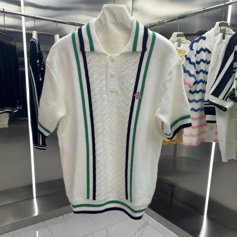 Other White Green Striped Polo Knit Top White - 1