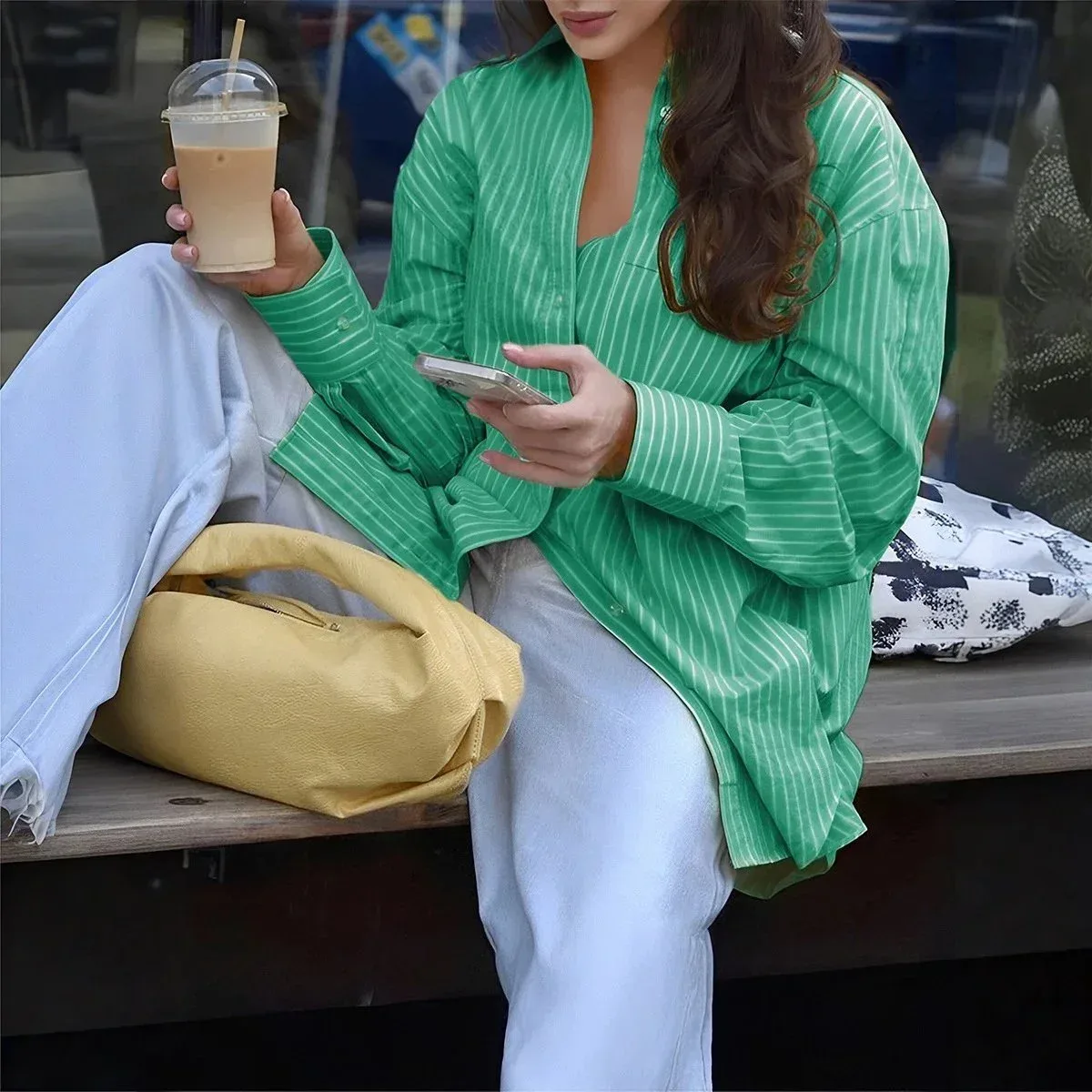Other Green Striped Oversized Shirt with Light Blue Jeans Green - 1