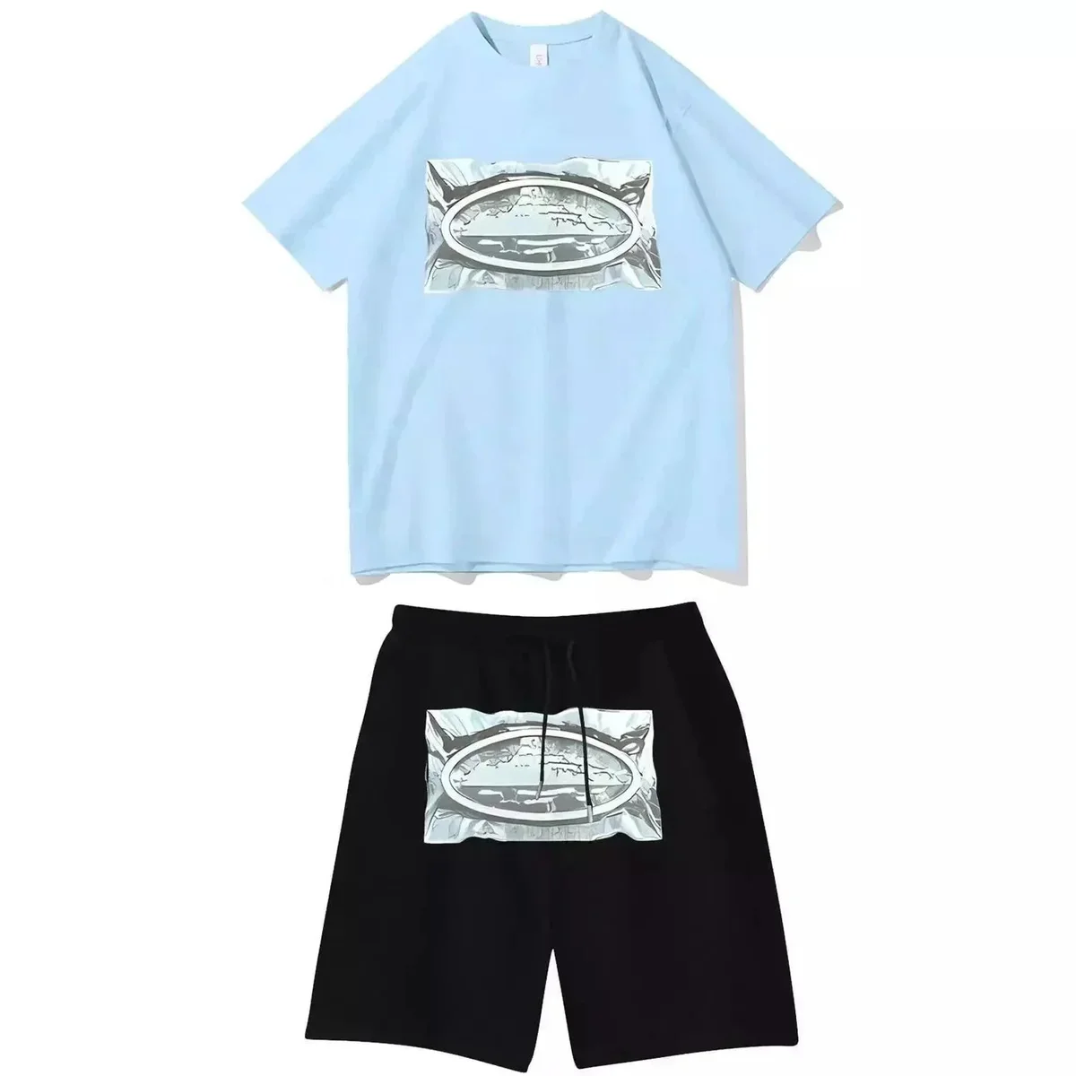 Other Unisex Light Blue & Black T-Shirt and Shorts Set with Foil Print Black - 1